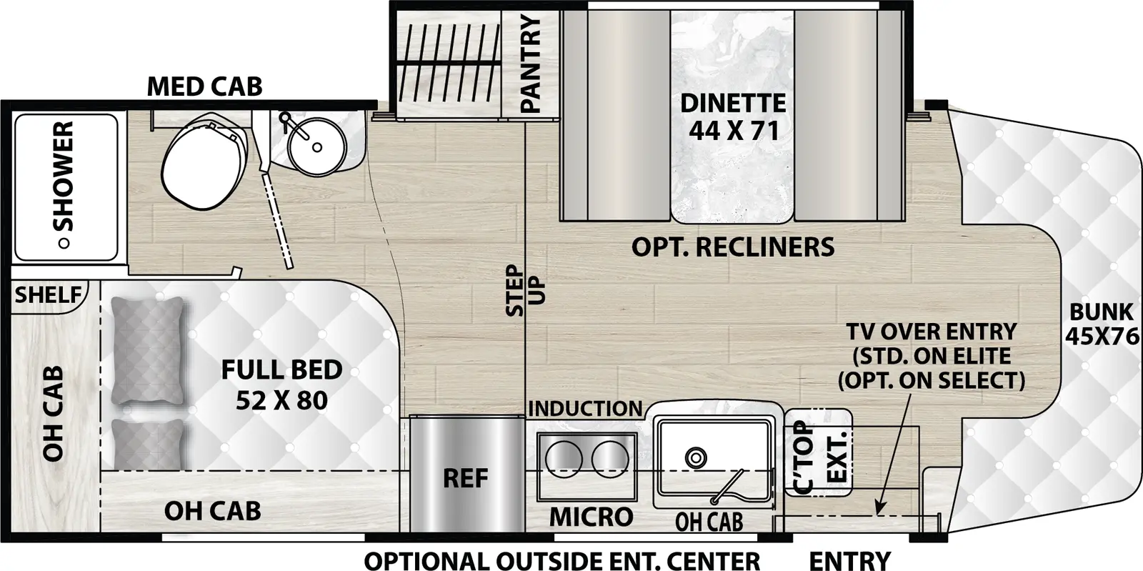 The 24CB has one slideout and one entry. Exterior features an optional outside entertainment center. Interior layout front to back: front cab with bunk above, off-door side slideout with dinette (optional recliners), and pantry; door side entry, TV above entry (standard on Elite, optional on select), kitchen counter with extension, sink, overhead cabinet, microwave, induction cooktop, and refrigerator; step up to rear off-door side bathroom sink, and separate room with toilet and shower, and door side full bed with overhead cabinet and a shelf.